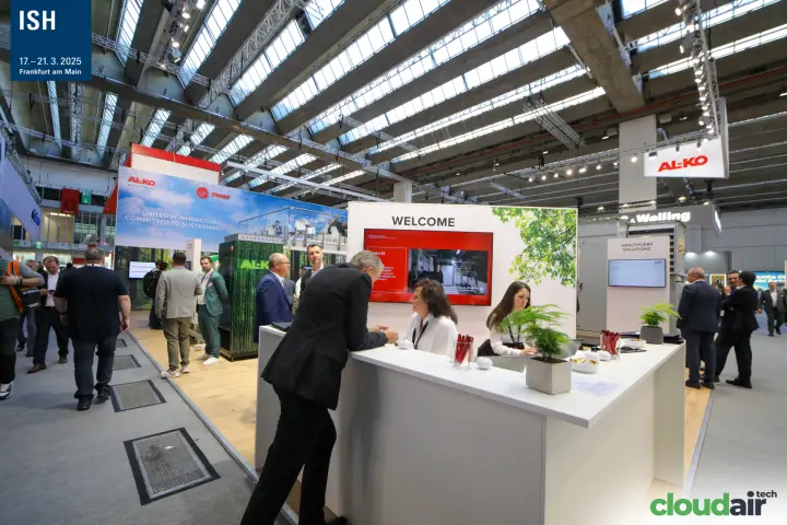 Welcome counter of the AL-KO and Trane stand with hanging AL-KO sign at ISH 2025