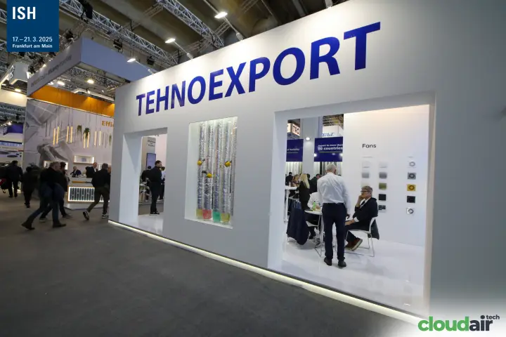 White Tehnoexport stand with flexible ducts shown in a wall niche at ISH 2025