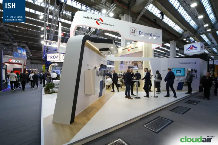Wide view of the Soler & Palau stand from the aisle with TROX beyond at ISH 2025