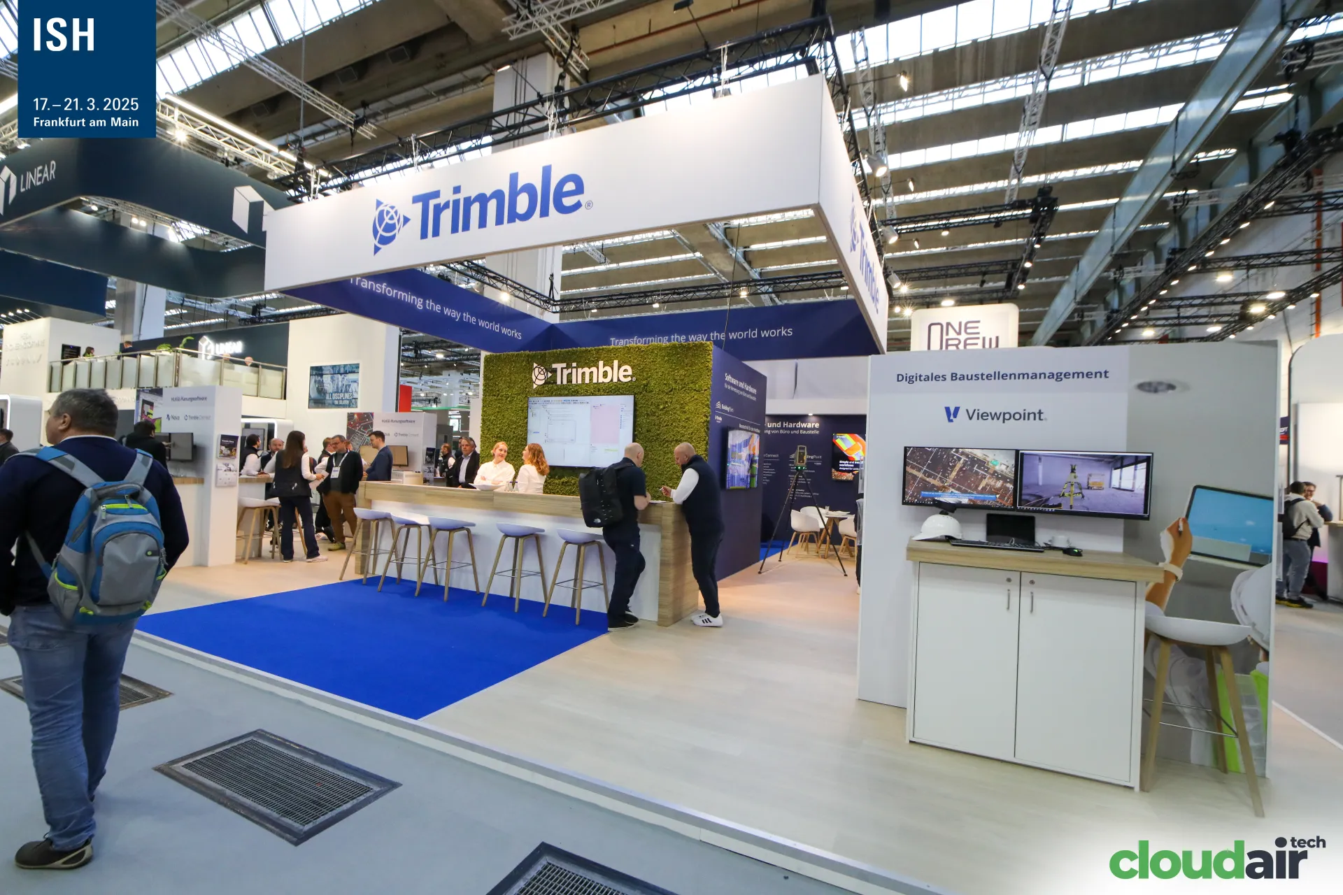 Wide view of the Trimble stand from the aisle at ISH 2025