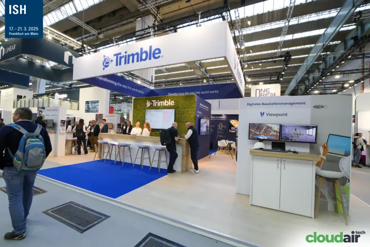 Wide view of the Trimble stand from the aisle at ISH 2025