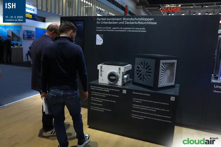 Wildeboer FKU30 fire damper paired with ceiling swirl diffusers at ISH 2025