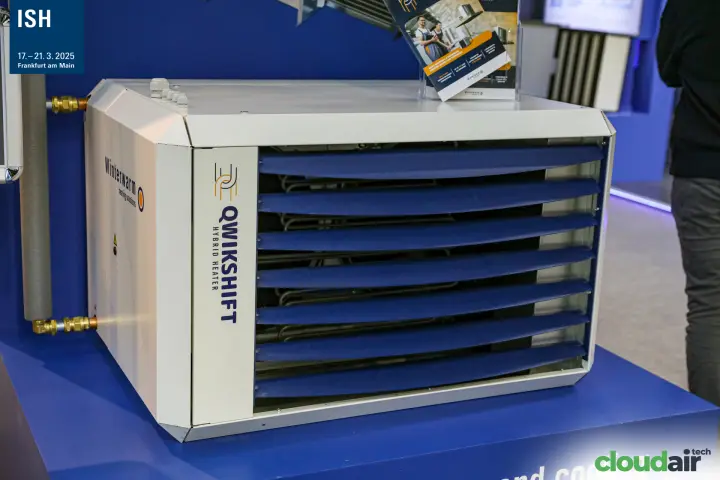 Winterwarm Qwikshift hybrid heater with blue adjustable louvres at ISH 2025