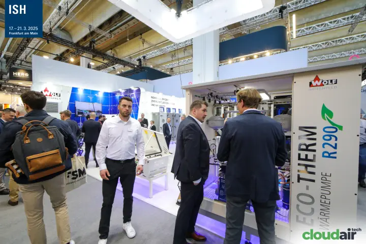 Wolf Geisenfeld ECO-THERM R290 heat pump with its lit interior on show at ISH 2025