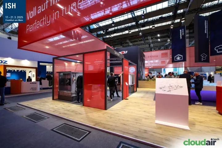 Wolf Service pavilion with air handling unit under red canopy at ISH 2025