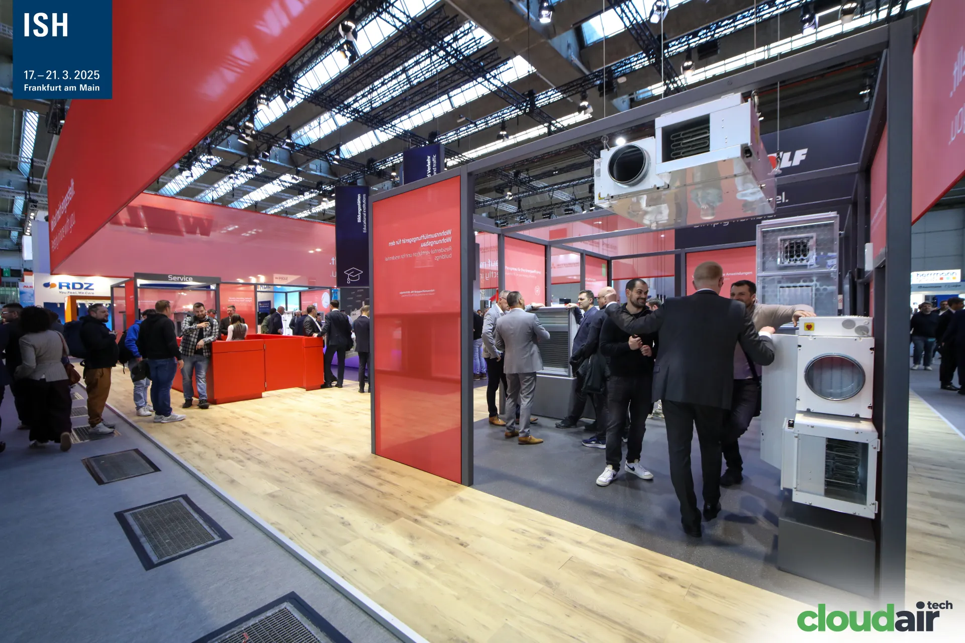 Wolf ventilation units shown in an open grey frame pavilion at ISH 2025