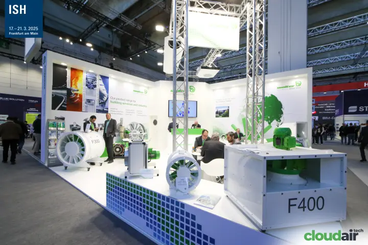 Wolter stand from the aisle with F400 fan housing and AXV axial fan at ISH 2025