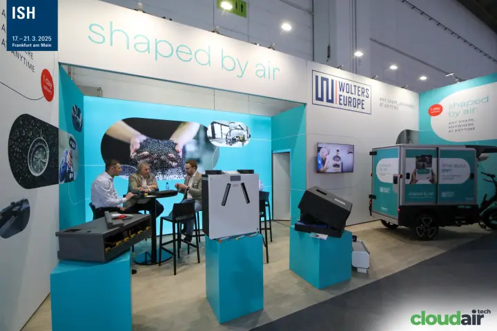 Wolters Europe EPP stand with "shaped by air" branding and cargo bike at ISH 2025