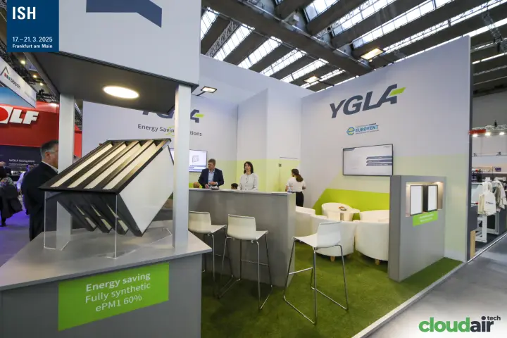 YGLA stand with ePM1 compact filter on display and green lounge floor