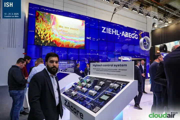 ZAcore control demo desk in front of the Ziehl-Abegg LED wall