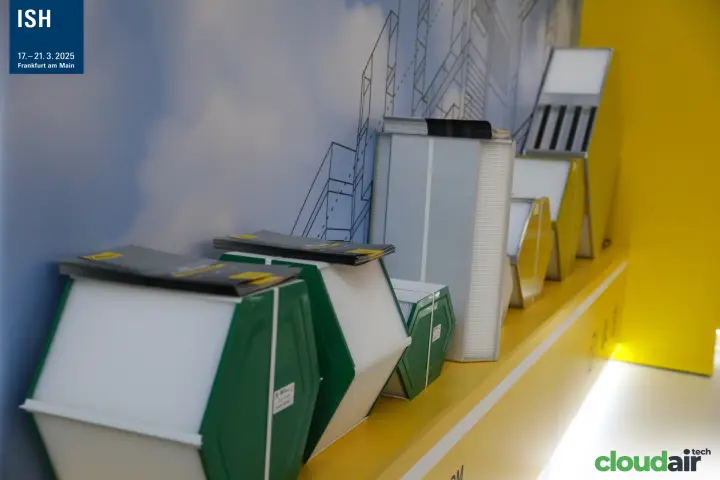 Zern Engineering exchangers in green, white and aluminium frames on a shelf at ISH 2025
