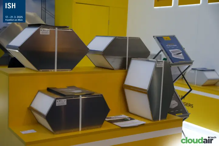 Zern Engineering hexagonal counterflow exchangers on yellow display steps at ISH 2025