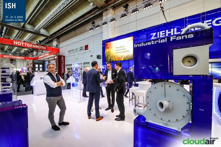 Ziehl-Abegg "Industrial Fans" display with a grey centrifugal blower at ISH 2025