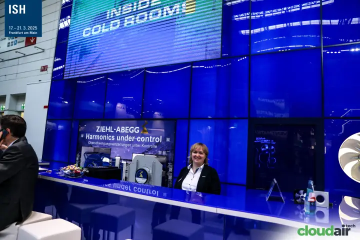 Ziehl-Abegg service counter under an Inside Cold Rooms LED screen at ISH 2025
