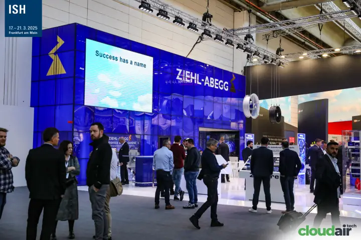 Ziehl-Abegg stand with blue glass facade and 'Success has a name' screen at ISH 2025