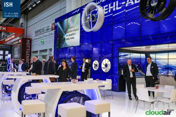 Ziehl-Abegg stand with fan-housing bar tables and an LED video wall at ISH 2025