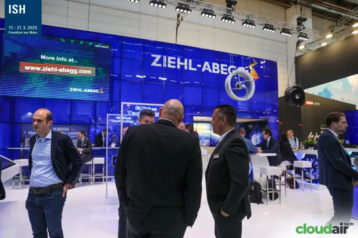 Ziehl-Abegg stand overview with ECblue Technology displays and LED wall at ISH 2025