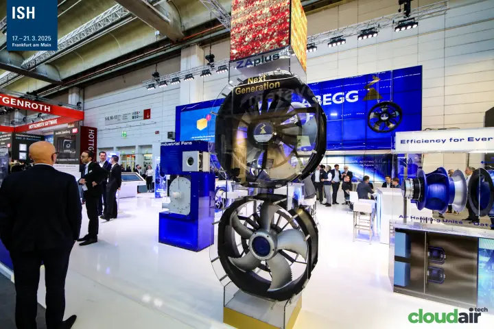 Ziehl-Abegg ZAplus 'Next Generation' axial fans on a glass display at ISH 2025