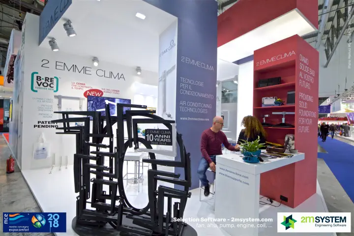 2 Emme Clima stand with a sculpture of black brackets marking 10 years at MCE 2018