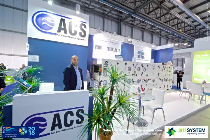 ACS Air Conditioning Systems counter in front of a Climacs AHU at MCE 2018