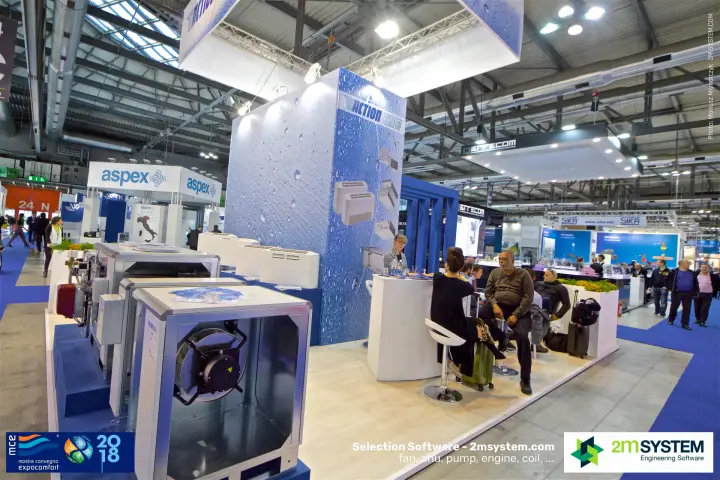 Action Clima stand with cabinet fans, fan coils and water-drop graphics