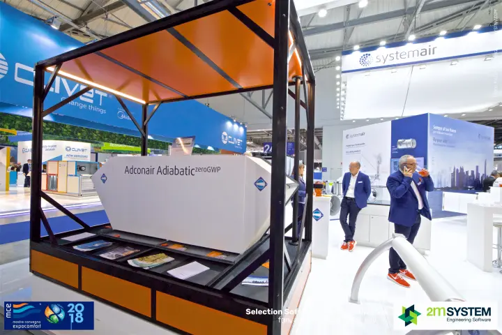 Adconair Adiabatic zeroGWP unit framed in black and orange steel at MCE 2018