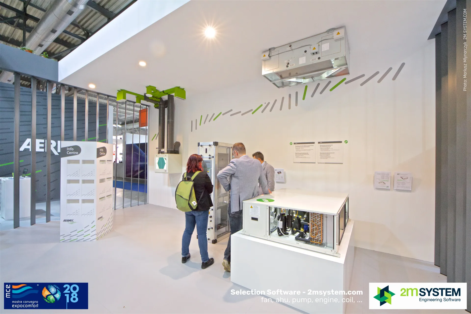 Aermec exhibit area with open-panel unit, suspended ventilation unit and Info Centre at MCE 2018