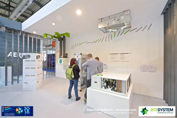 Aermec exhibit area with open-panel unit, suspended ventilation unit and Info Centre at MCE 2018
