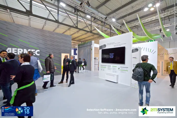 Aermec stand with FCZ Dualjet fan coil display and green leaf-shaped ceiling sculptures at MCE 2018