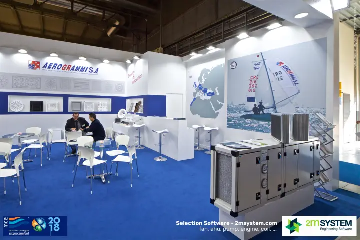 Aerogrammi stand with grille wall and a compact ventilation unit at MCE 2018