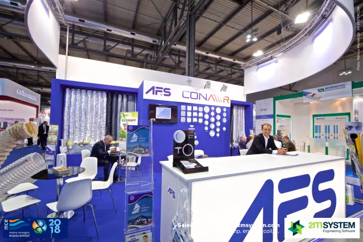 AFS and Conair stand with flexible ducts and a diffuser wall at MCE 2018