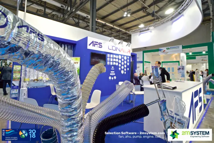 AFS-printed insulated flexible duct in front of the blue stand at MCE 2018