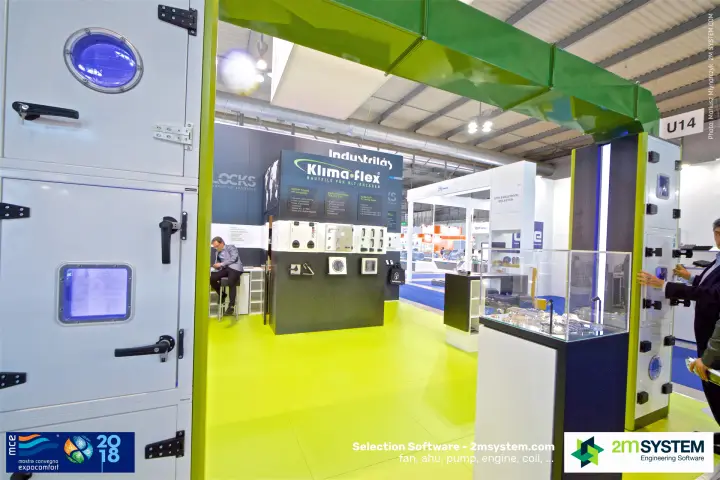 AHU access doors with portholes framing the Industrilås stand at MCE 2018