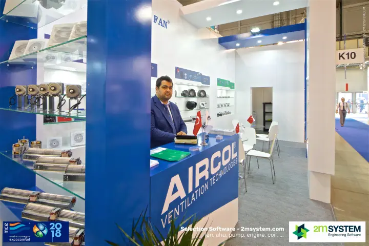 Aircol reception desk with cross-flow fans and motors on shelves at MCE 2018