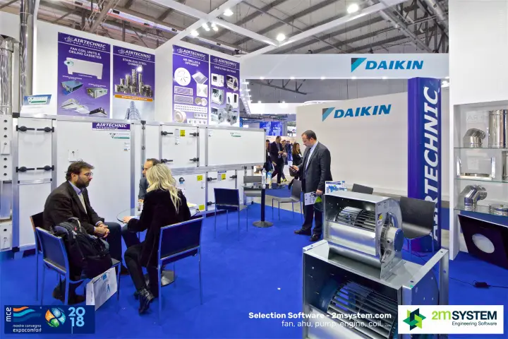 Airtechnic meeting tables beside an air handling unit and centrifugal fans at MCE 2018