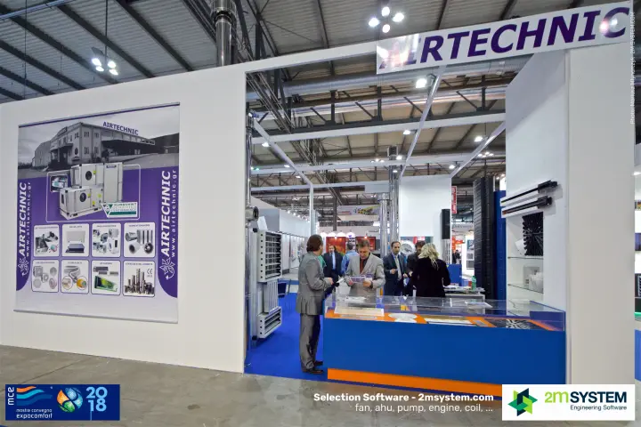 Airtechnic stand front with company banner and product counter at MCE 2018