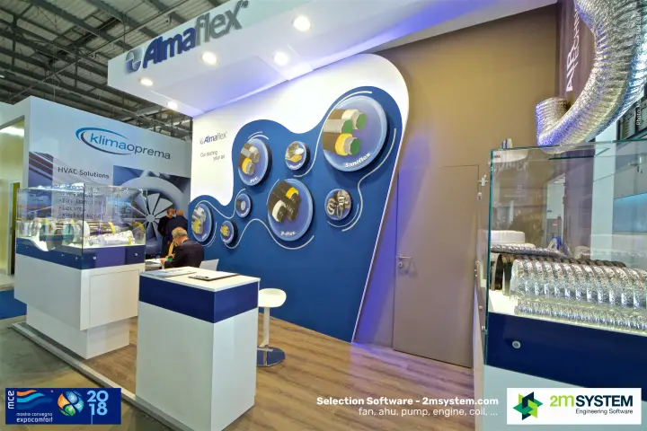 Almaflex blue product wall with P-Flex, Saniflex and PVC duct medallions at MCE 2018