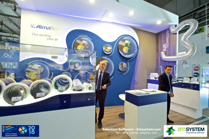 Almaflex stand with flexible insulated ducts in glass display cases at MCE 2018
