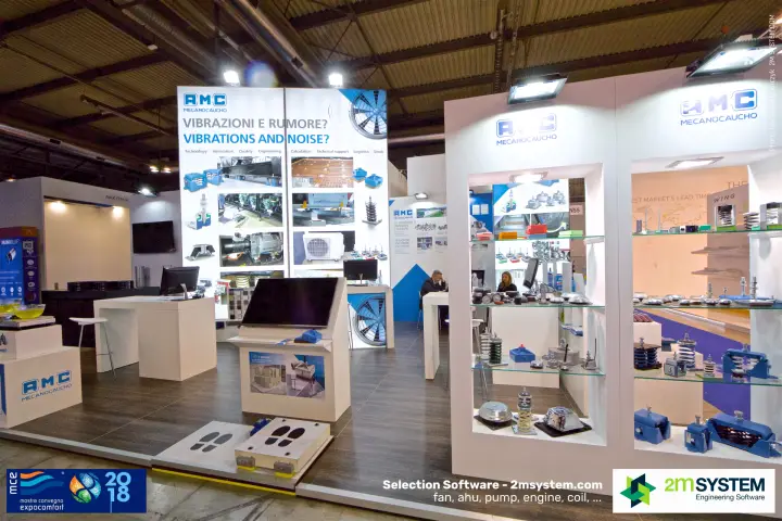 AMC Mecanocaucho stand with anti-vibration mounts on glass shelves at MCE 2018
