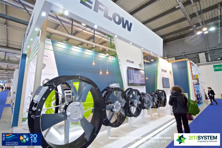 Angled view of the EFLOW axial fan display and timber frame at MCE 2018