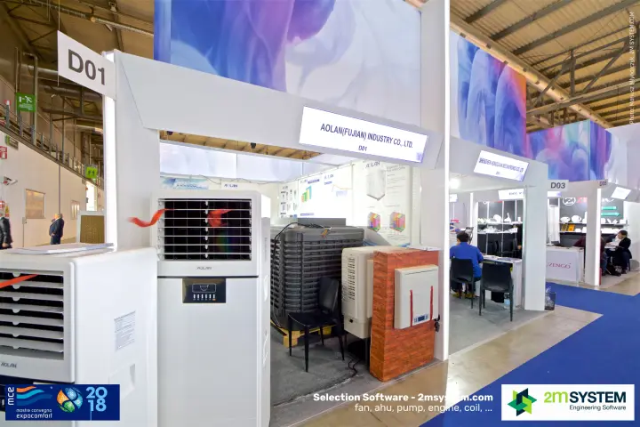 Aolan booth D01 with mobile and wall-mounted evaporative air coolers at MCE 2018
