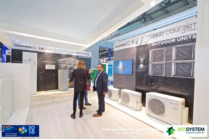 Argo iSeries outdoor units wall and accessories display with visitors at MCE 2018