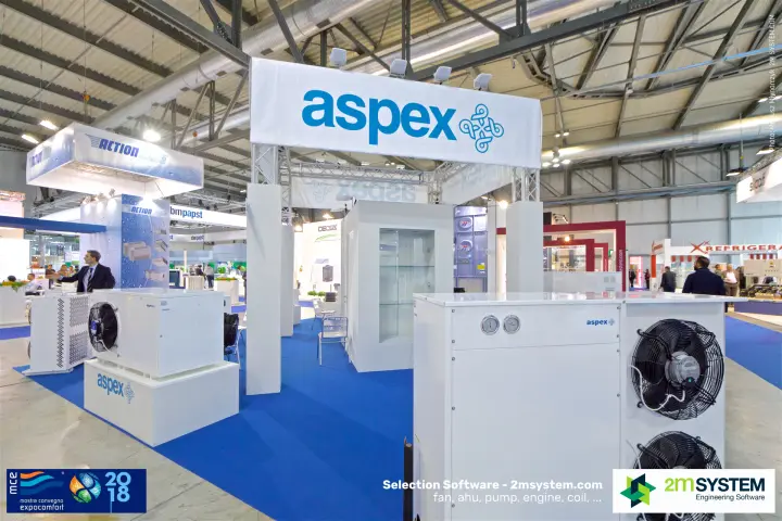 Aspex condensing units with axial fans on a blue carpet stand