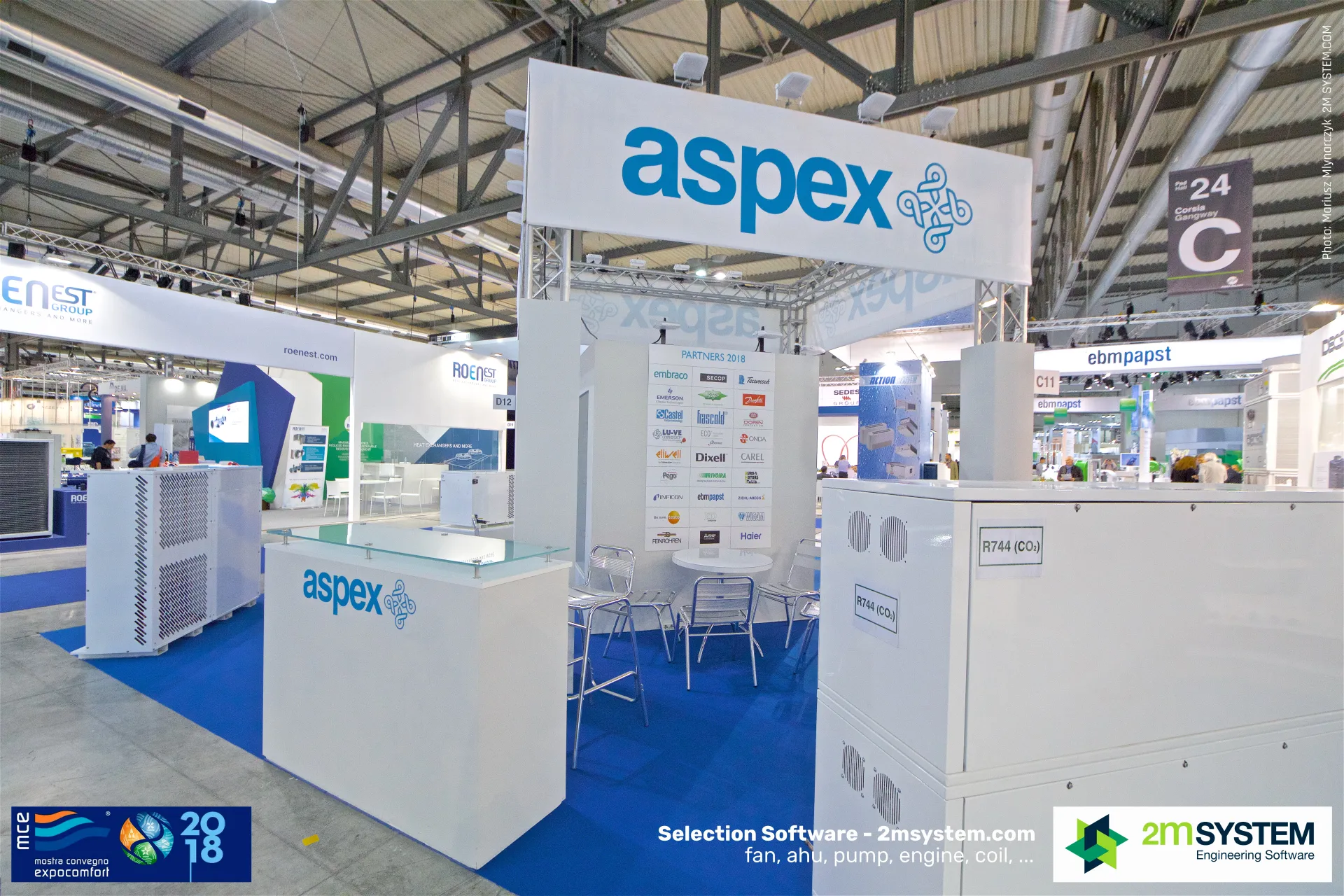 Aspex stand with R744 CO2 units and a 'Partners 2018' board at MCE 2018