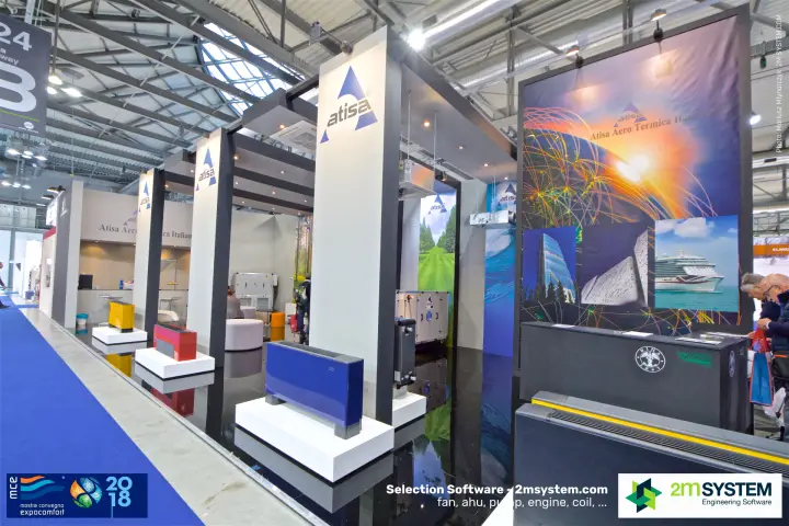 Atisa stand with yellow, red and blue fan coils on plinths at MCE 2018