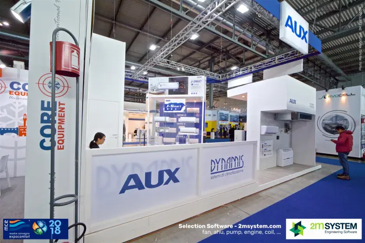 AUX and Dynamis stand with J-Smart split units in a glass display at MCE 2018