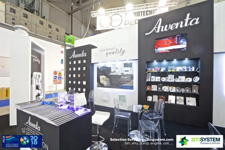 Awenta counter with transparent fan demo unit and grille sample wall at MCE 2018
