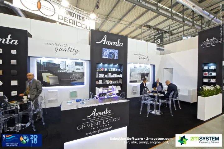 Awenta stand with 'Of Ventilation in Rooms' counter and fan display shelves at MCE 2018