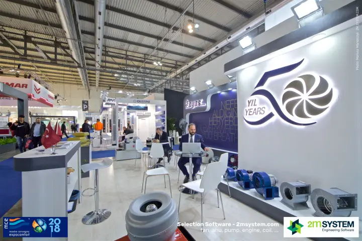 Ayas 50th anniversary wall with blue and galvanised centrifugal blowers at MCE 2018