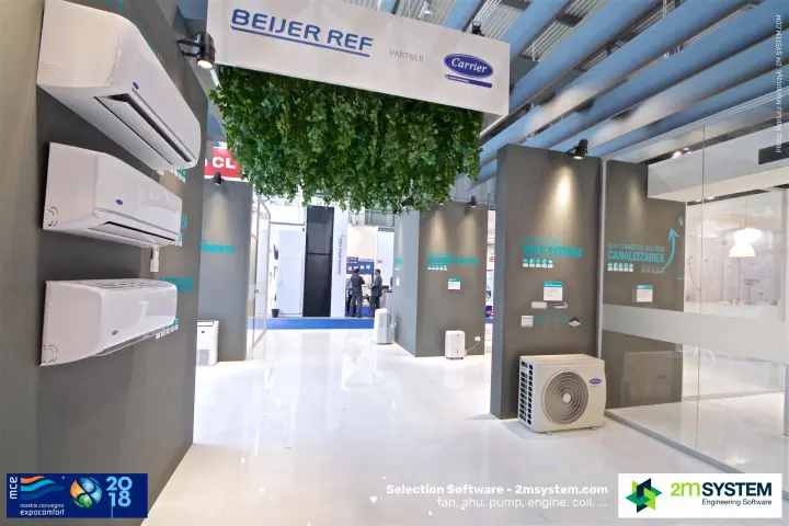 Beijer Ref entrance sign as Carrier partner, with splits and outdoor unit at MCE 2018